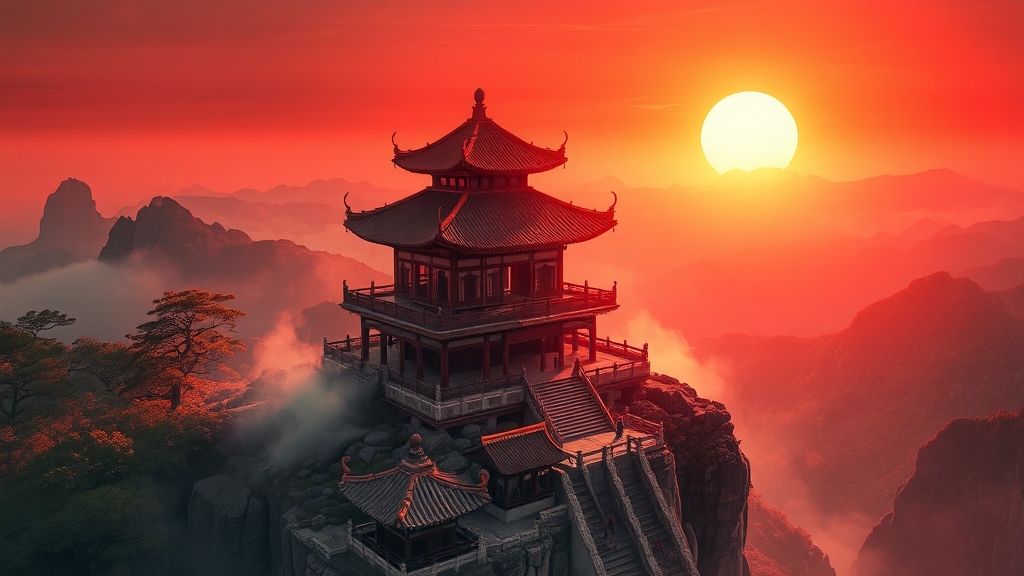 면산: 절벽 사찰과 역사 (realistic 스타일)