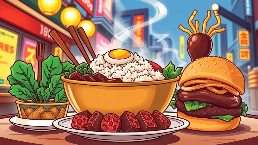 전주 대표 음식: 비빔밥 & 길거리 음식 (cartoon 스타일)