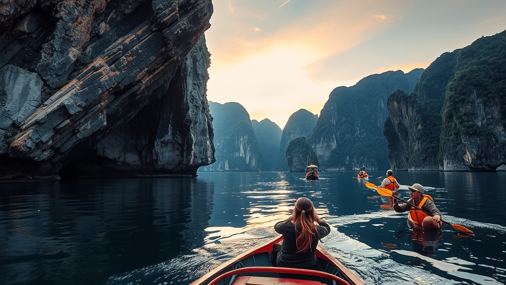 하노이 & 하롱베이 여행 A to Z: 완벽 가이드 (40자) 4 하롱베이 투어 코스 & 액티비티 (realistic 스타일)