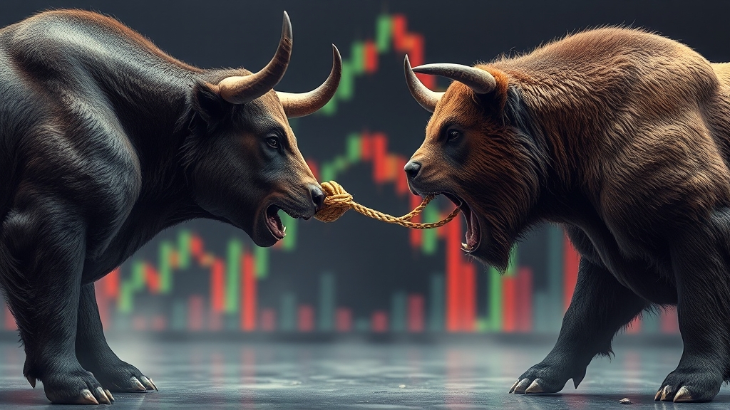 비트코인, 오를까 내릴까? (realistic 스타일)