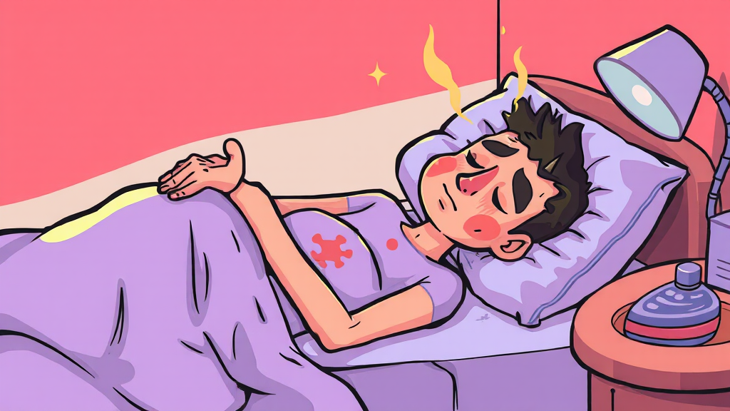 주요 증상: 고열, 몸살, 소화기 문제 (cartoon 스타일)