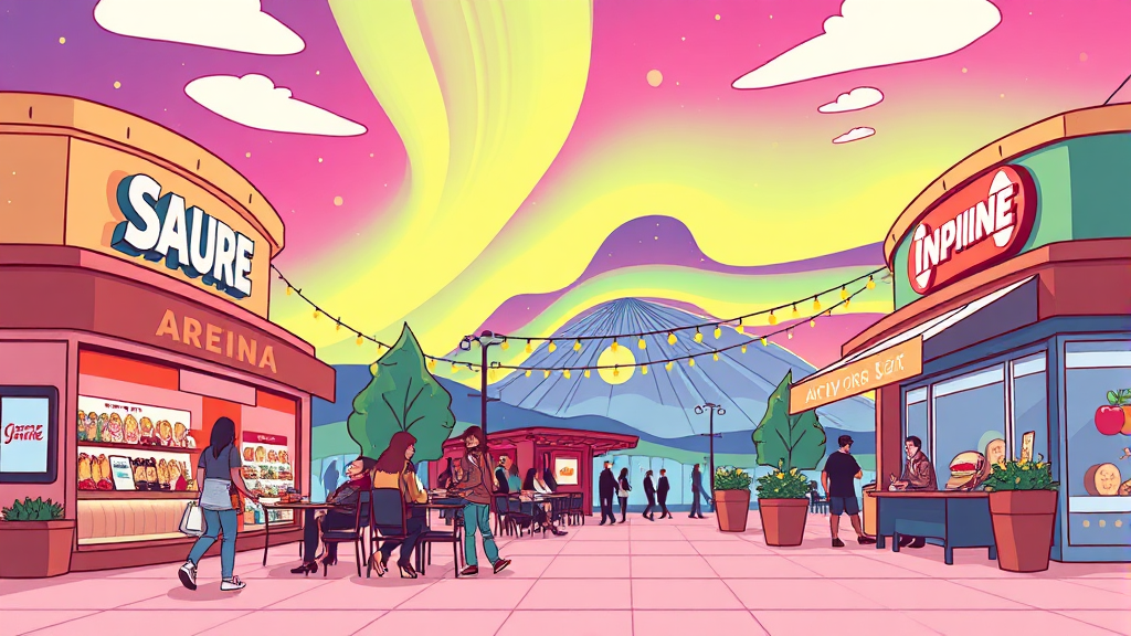 영종도 인스파이어 아레나: K팝 콘서트부터 오로라 쇼까지 완벽 가이드 6 아레나 주변 즐길 거리: 쇼핑, 식당, 카페 완벽 가이드 (cartoon 스타일)