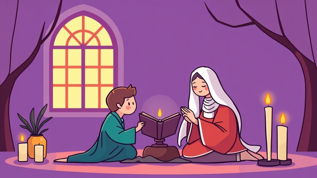 사순절 기간 동안의 영적 실천과 마음 다스리기 (cartoon 스타일)