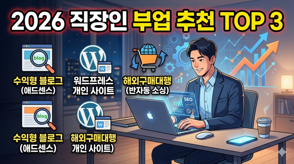 2026 직장인 부업 추천 TOP 3 워드프레스·수익형 블로그·구매대행 완벽 비교
