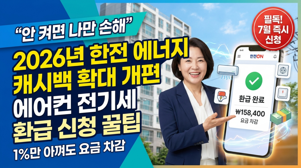 안 켜면 나만 손해” 2026년 한전 에너지 캐시백 확대 개편안 및 에어컨 전기세 환급 신청 꿀팁
