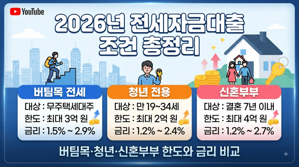 2026년 전세자금대출 조건 총정리 — 버팀목·청년·신혼부부 한도와 금리 비교